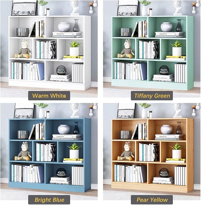 IOTXY Open Shelf Low Bookcase - Wooden 3-Tier Floor Standing Display Cabinet Organizer with Base, 7 Cubes Short Horizontal Bookshelf in Pear Yellow
