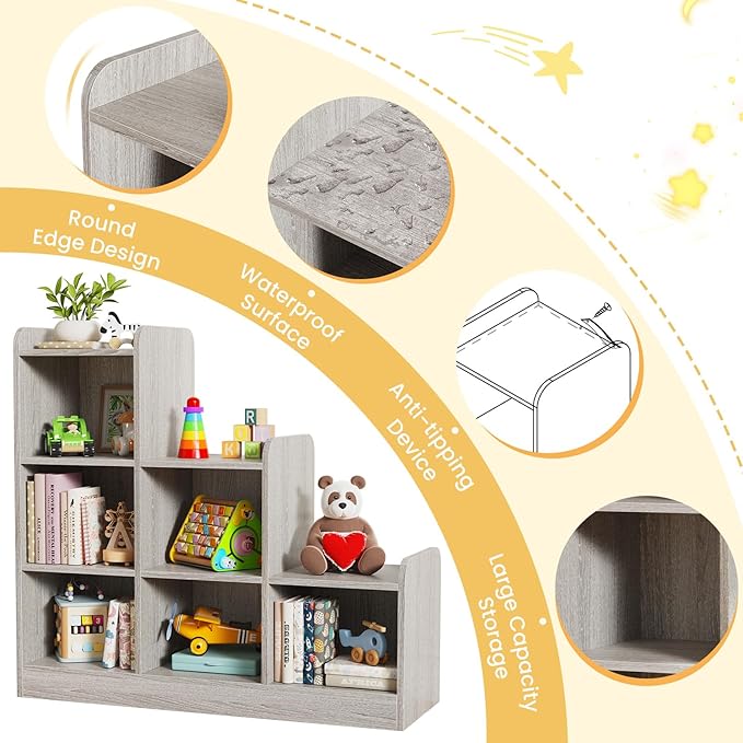 Derfullo Book Shelf, 6-Cube Toy Organizers and Storage, Small Open Floor Montessori Bookcase for Kids Room, Bedroom and Playroom, 35.4" W x 11.8" D x 31.5" H, Grey