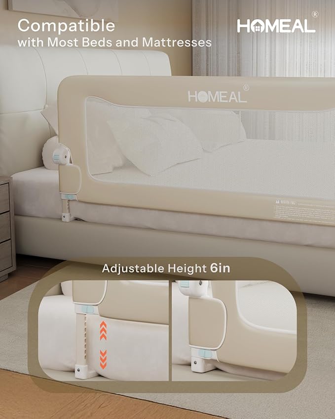 HOMEAL Bed Rail for Toddlers, 32in Swing Down Toddler Bed Rails with U-Shape Base, Foldable Baby Bed Rail Guard, Twin Size, Full Size, Queen Size, King Size Beds, Bed Rail for Baby, Beige