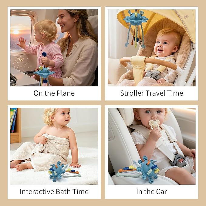 Little Rawr Silicone Baby Sensory Montessori Toys & Pull String Teething Toys for 18 M+, Toddler Birthday Gift Car Seat Airplane Travel for 1 2 Year Old Boy Girl Infant 18 Months Old (Blue)