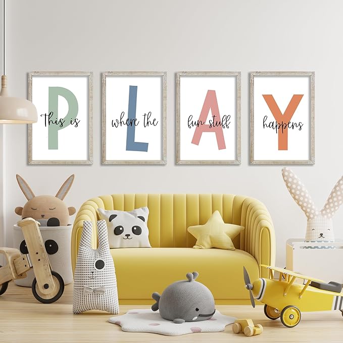 This Is Where The Fun Stuff Happens Kids Playroom Wall Art Decor 16x24 Inch Set Of 4 Rustic Kids Wood Framed Sign Toddler Modren Nursery Interesting Let's Play Prints Wall Hanging (White)
