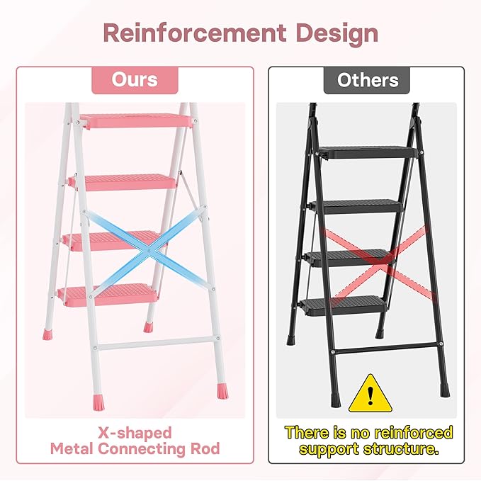 BONTEC 4-Step Ladder, 400lbs Max Load, Folding Step Stool with Tool Tray, Anti-Slip Pedals, Sturdy Steel, Lightweight Portable Ladder with Handrail for Home & Work Use, Pink