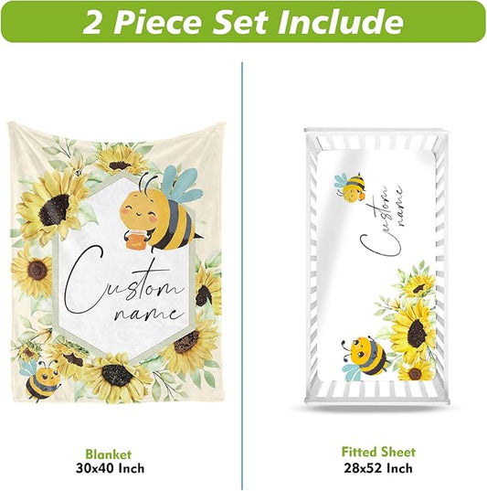 Personalized Crib Bedding Set for Boys Girls, Custom Baby Crib Sets with Name, Yellow Bee Design Nursery Bedding 2 Piece - Soft Blanket with Double Layer Dotted Backing, Crib Fitted Sheet