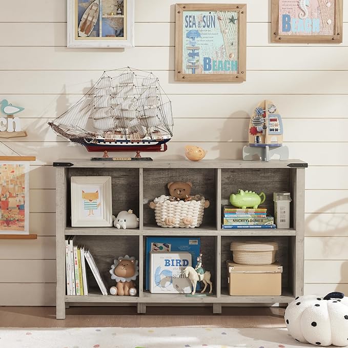 Joaxswe Farmhouse 6 Cube Bookshelf, Rustic Grey Oak Wooden Storage Organizer Book Shelf, 47 Inch Cubby Hallway Bookcase, Kids Toy Storage Cabinet, Modern Open Book Case for Living Room, Hallway