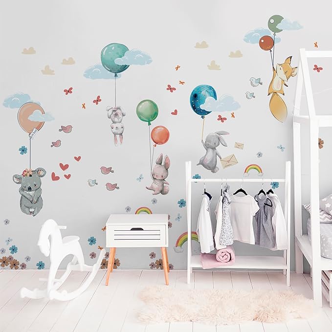 Hot Air Balloon Wall Decals by Lipastick - Peel and Stick Animal Stickers Raccoon, Fox, Koala, Panda for Kids Room, Nursery, Playroom, Bedroom - Removable Wall Decor for Boys, Girls, Babies - L Size