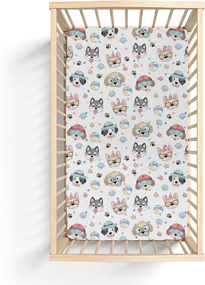 Summer Beach Fun Dogs Baby Crib Sheets for Boy Girl 28"x52" Cute Dog Vacation Soft Stretchy Fitted Crib Mattress Cover Dogs Lovers Gift Nursery Baby Sheet for Standard Crib & Toddler Mattress Pad