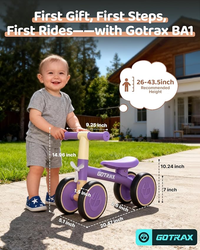 Gotrax Baby Balance Bike 1-2 Years, 7" Front&Rear Silent Wheels, Sturdy Steel Frame 66 lbs Load, Quick 2-Min Assembly, CPC Certified, Comfortable Soft Seat, Toddler Birthday Gift for Boys&Girls Purple