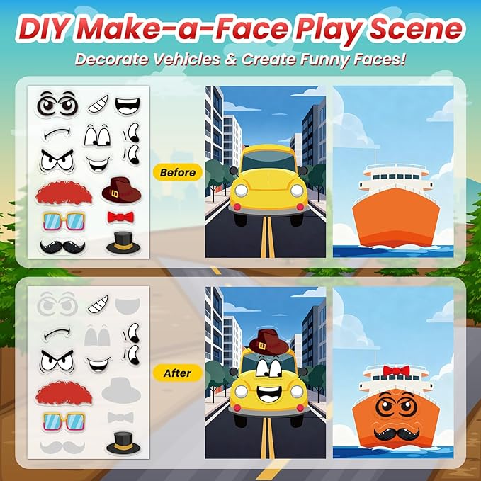 Cars Reusable Sticker Book for Toddlers, DIY Make-a-face Fun Jelly Stickers, Washable Puffy Stickers for Kids Toys, Airplane Road Trip Travel Activities Essentials for Kids 3 4 5 Years