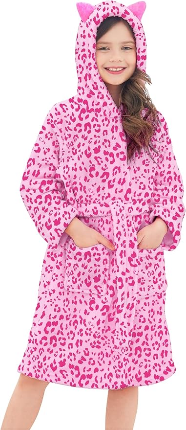 Doctor Unicorn Girls Leopard Cat Robe Kids Fleece Warm Hooded Bathrobe