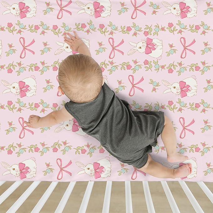 Preppy Bunny Easter Baby Crib Sheets for Boy Girl 52"x28" Pink Easter Rabbits Bows Floral Soft Stretchy Fitted Crib Mattress Cover Spring Garden Baby Sheet for Standard Crib and Toddler Bed Mattress