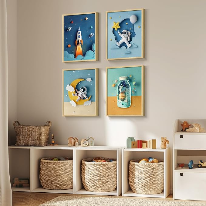Framed Space Themed Bedroom Decor for Boys, 4 Piece Astronaut Rocket Canvas Wall Art Prints, Large Space Wall Art Decor for Kids Boys Room, 12x16 Inch