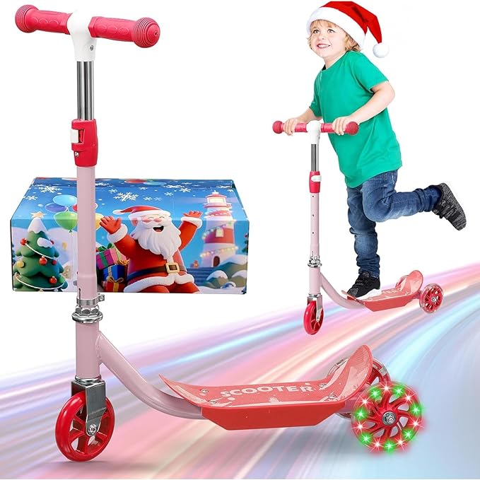 Toddler Scooter, Scooters for Kids Age 3-5, Boy Girl Gift 3-Wheel Kick Scooter with LED Light Up Wheels, Adjustable T-Bar Handle, Cute Deck, Safe Smooth Riding Outdoor, Max 100 lbs, Xmas Box Wrapped