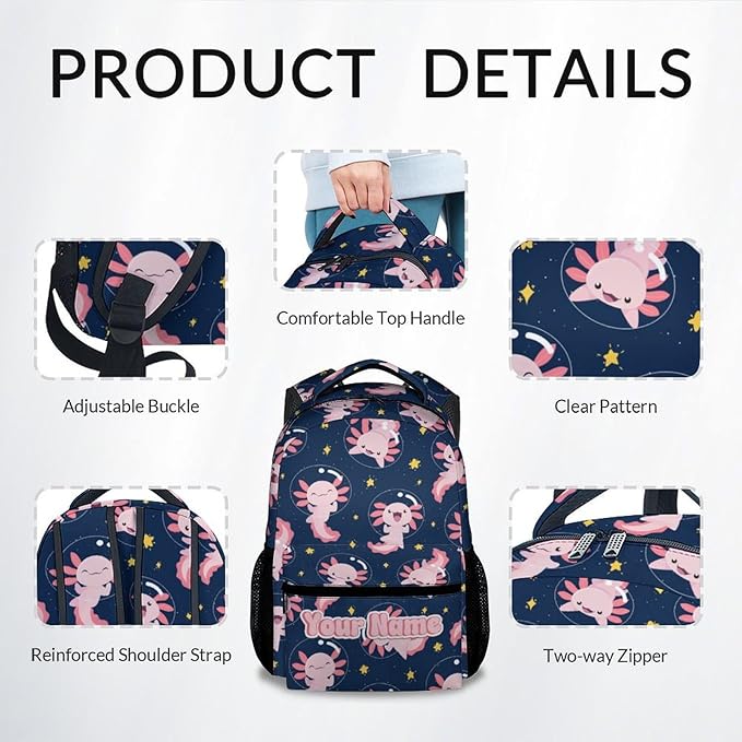 COZYAURA Custom School Bags for Girls - Cute Axolotl Travel Backpack for Kids - 17 Inch Black Bookbag for Elementary Middle School - Back to School Supplies