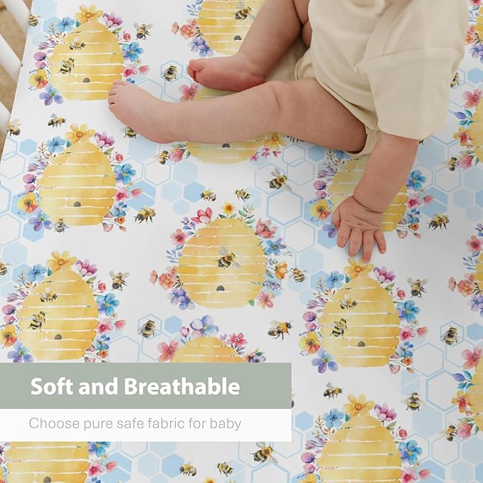 Bee Harmony Baby Crib Sheets for Boy Girl 52"x28" Yellow Bees Honeycomb Flowers Garden Soft Stretchy Fitted Crib Mattress Cover Spring Summer Baby Sheet for Standard Crib & Toddler Bed Mattress