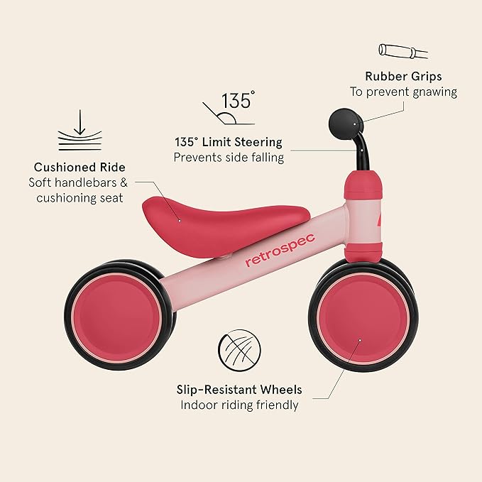 Retrospec Cricket Baby Walker Balance Bike with 4 Wheels for Ages 12-24 Months - Baby Toys & Toddler Toys for 1 Year Olds - Ride On Bicycle - Boys & Girls