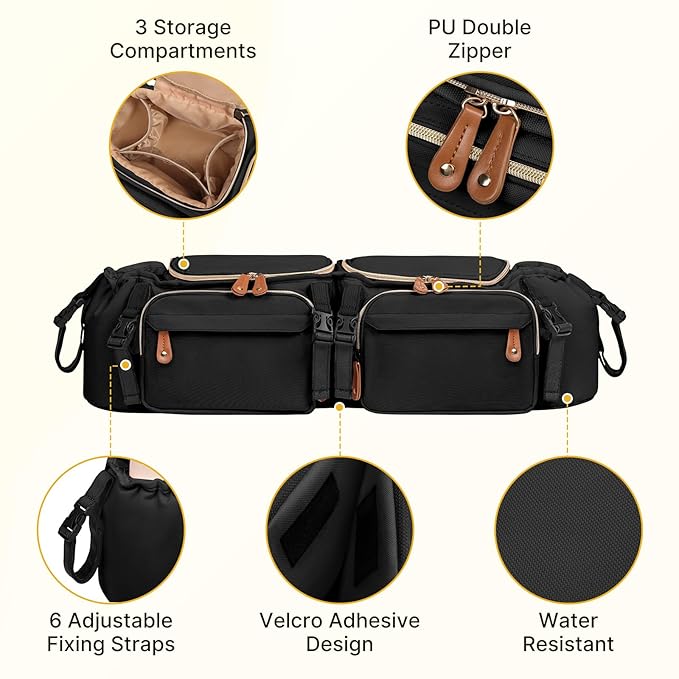 Boomistry Double Stroller Organizer for Bob Duallie and Baby Jogger City Mini GT2, Double Stroller Caddy Organizers with Cup Holder and 2 Cooler Pockets Parent Console Double Stroller Accessories