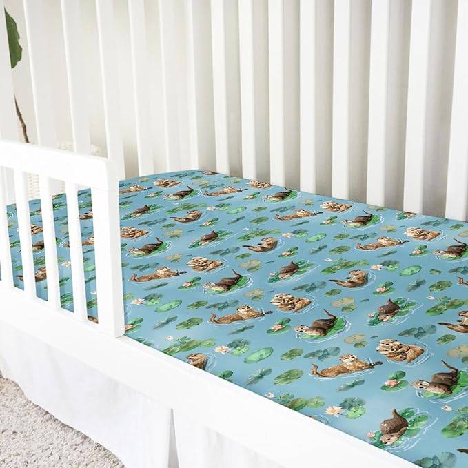 Cute Sea Otters Baby Crib Sheet - 52''x28'' Animal Snug Fitted Crib Mattress Cover for Boy & Girl - Watercolor Otters Pond Painting Soft Baby Bed Sheets for Standard Crib and Toddler Mattresses