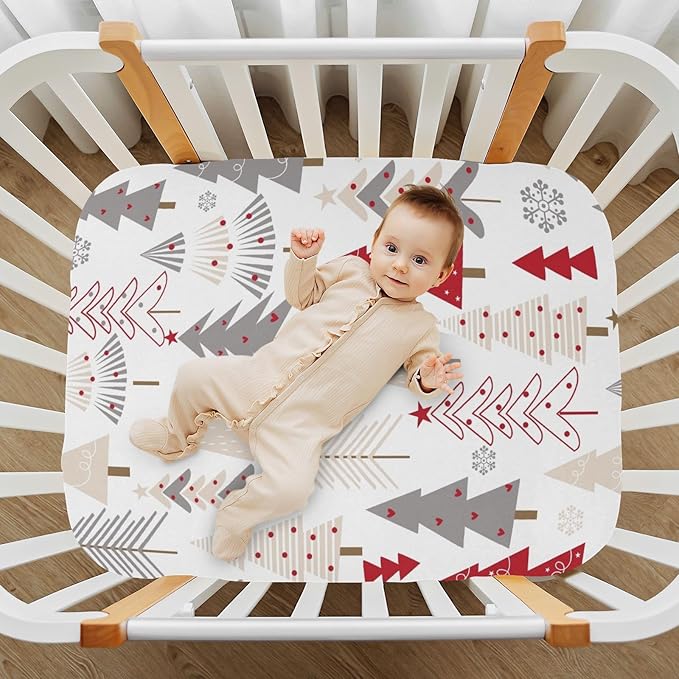 CEBUGI Stretchy Crib Sheet for Baby Boy Girl,Cute Christmas Trees Portable Mini Fitted Pack N Play Playard Sheet for Neutral,Ultra Soft Material,Full Standard Toddler Mattresses,S