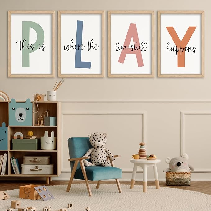 YWJKWLGS This Is Where The Fun Stuff Happens Kids Playroom Wall Decor 16"x24" Set of 4 Nursery Interesting Modren Wood Framed Let's Play Prints Sign for Boy Toddler Children Wall Hanging Art (Wood)