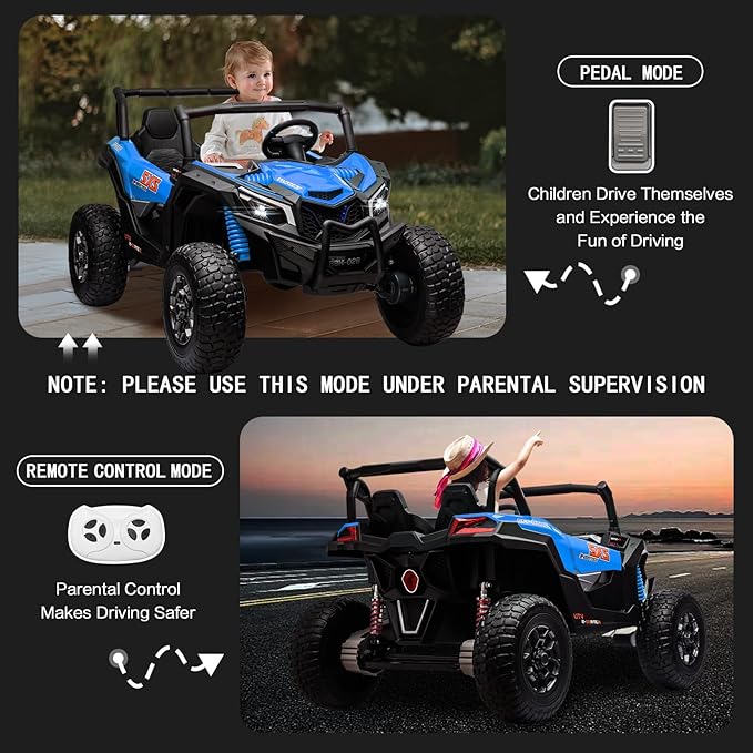 MOLACHI Kids Ride on Car, 24V Children Electric Cars with EVA Wheels, 4WD Kid Remote Control Vehicle, 3 Speeds, LED Lights, 2 Adjustable Seater, 4 Shock Absorbers, Bluetooth, Music & Horn -Blue
