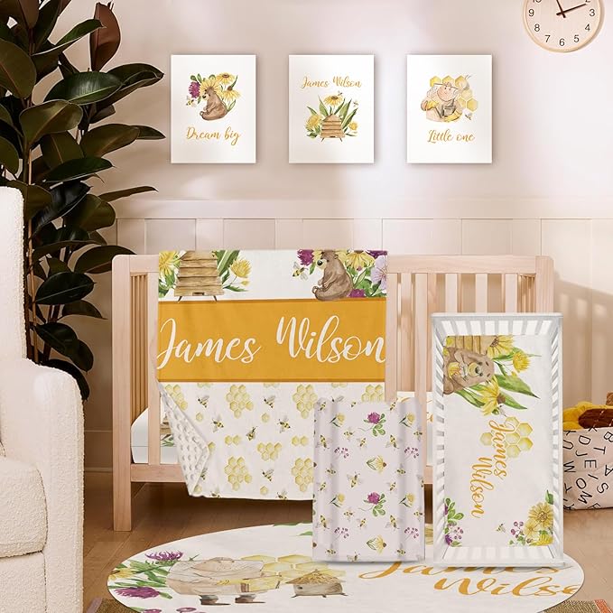 Personalized Baby Crib Bedding Set, Custom Name Nursery Bedding 5-Piece - Baby Blanket Fitted Sheet Changing Pad Cover Rug and Wall Art, Bee-Themed Crib Gift for Boys Girls