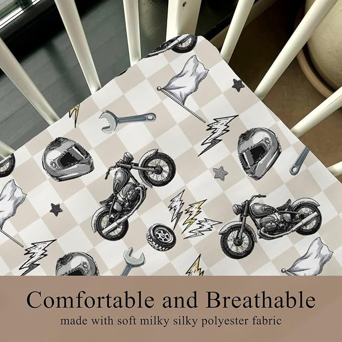 Cute Motorcycle Flag Plaid Baby Crib Sheet for Boys & Girls 28"x52" Motor Bikes Stars Fitted Crib Mattress Cover for Standard Crib and Toddler Mattress Race Vehicles Bed Sheets Plaid One Size