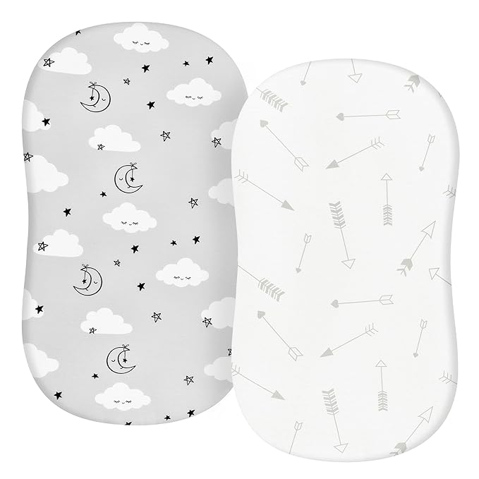 TILLYOU Baby Bassinet Sheets for Girls Boys, Fit for Hourglass Oval Rectangle Bassinet Mattress Sheets, 33”X16”, 2 Pack Grey Clouds