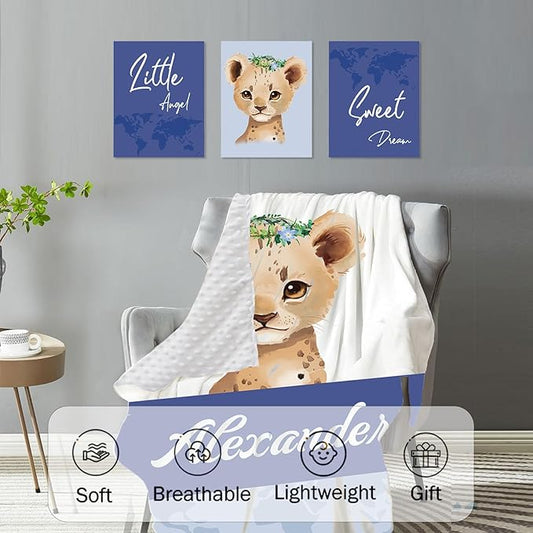 Personalized Baby Crib Bedding Set for Baby Boys Girls, Blue Leopard Pattern Custom Name Baby Crib Sets 5-Pcs, Toddler Double Layer Blanket Fitted Sheets Changing Pad Cover Rug Wall Art Set