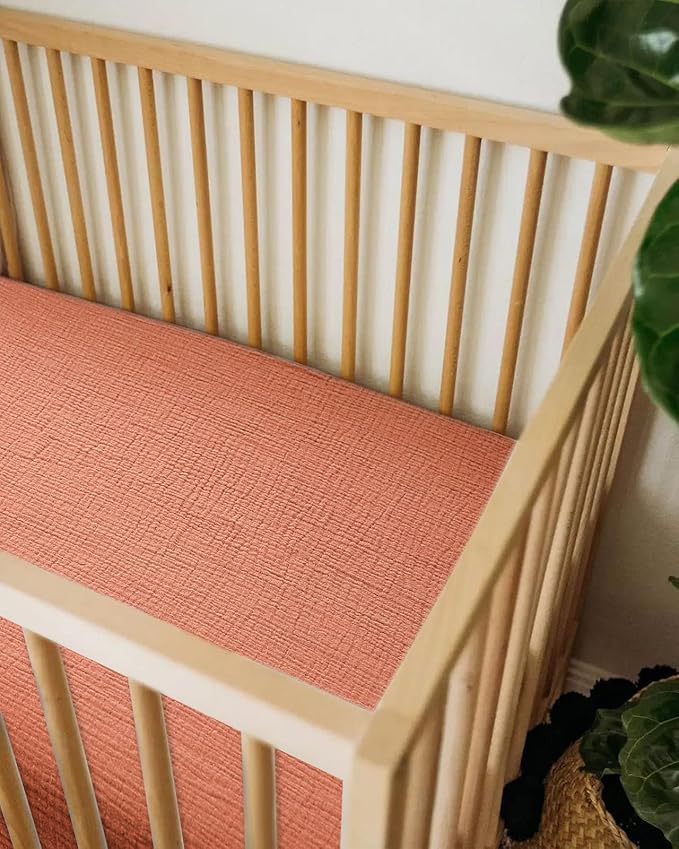 Mini Crib Sheets for Baby, Fitted Pack N Play Mattress and Mini Cribs 24" x 38", Neutral Muslin Cotton Mini Crib Mattress Sheet with Boho Style, Soft and Breathable Comfort (Brick)