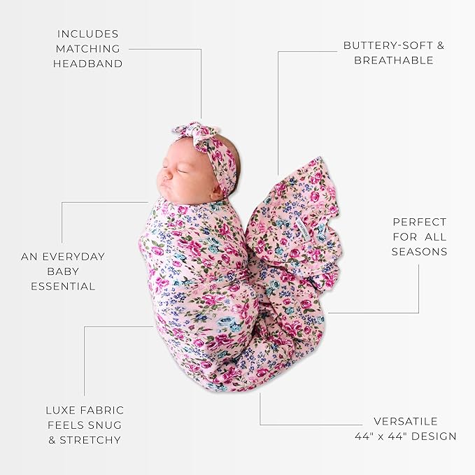 Posh Peanut Soft Baby Swaddle & Headband Set – Viscose from Bamboo Newborn Wrap Receiving Blanket, Nursing or Stroller Cover (Pixie)