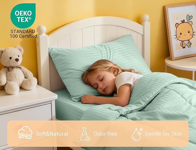 ZPECC Toddler Bedding Set - 4 Piece Hypoallergenic Baby Crib Bedding Set for Boys and Girls, Includes Toddler Comforter, Flat Sheet, Fitted Sheet and Pillowcase, Green Stripe