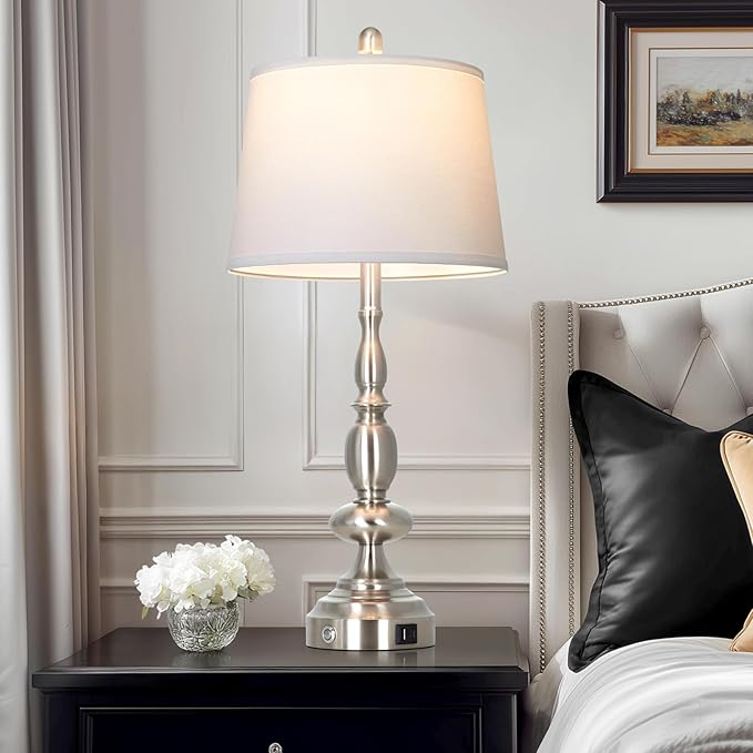 29" Tall Modern Table Lamps Set of 2, 3-Way Dimmable Touch Living Room Lamp with USB A+C Charging Port, Brushed Nickel Metal Farmhouse Bedside lamp for Bedroom Nightstand Side Table Desk Office Silver