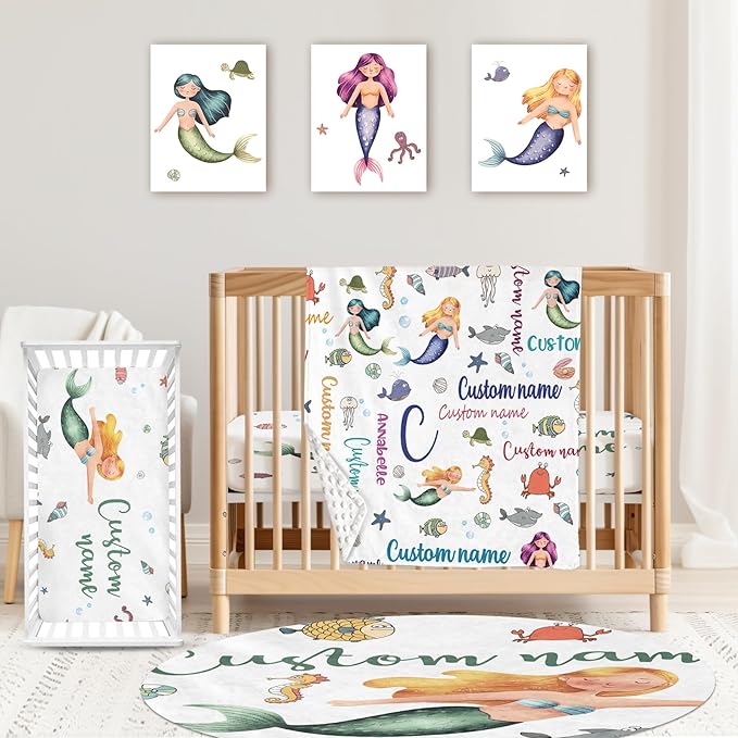 Personalized Baby Crib Bedding Set: 4 Piece Custom Crib Bed Set with Name, Nursery Bedding Set for Baby Girls Crib, Newborn Boys Crib Sets, Custom Gift Crib Bedding, Crib Sheet, Mermaid Theme