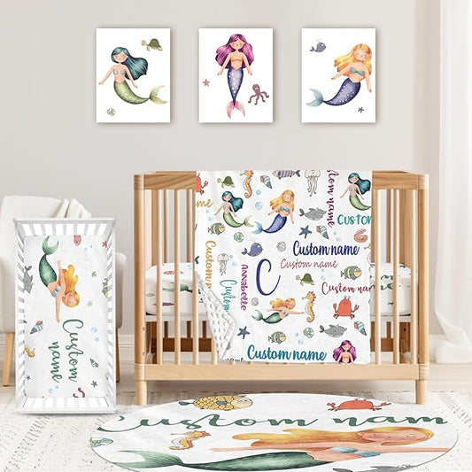 Personalized Baby Crib Bedding Set: 4 Piece Custom Crib Bed Set with Name, Nursery Bedding Set for Baby Girls Crib, Newborn Boys Crib Sets, Custom Gift Crib Bedding, Crib Sheet, Mermaid Theme