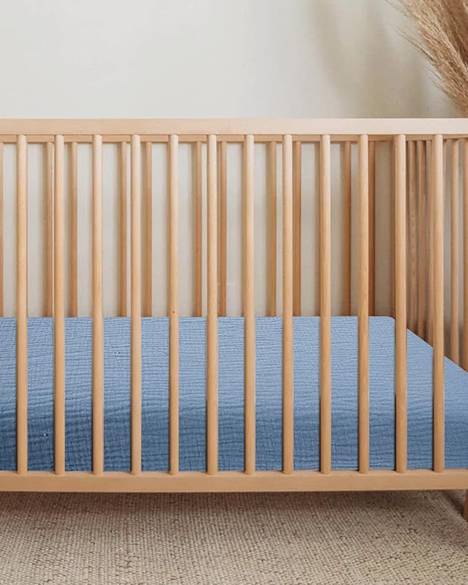 Mini Crib Sheets for Baby, Fitted Pack N Play Mattress and Mini Cribs 24" x 38", Neutral Muslin Cotton Mini Crib Mattress Sheet with Boho Style, Soft and Breathable Comfort (Costume Blue)