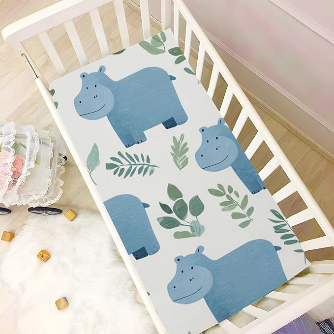 Cute Hippo and Green Leaves Crib Sheets Standard Crib Toddler Mattresses Cover Fitted Baby Bed Sheet Breathable Crib Mattress Sheet for Girls Boys 52" x 28"x5''