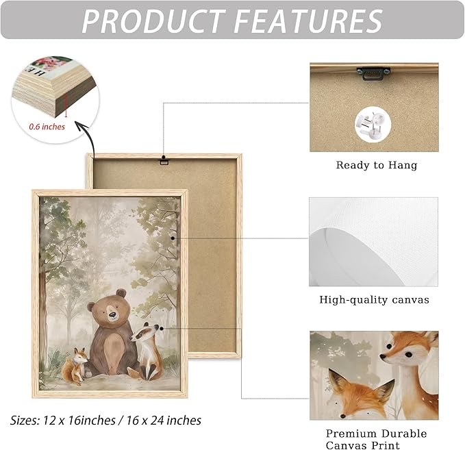 ICHZUMW Woodland Nursery Decor Wall Art Set of 3, Cute Forest Friend Animal Canvas Prints Bear Fox Deer Pictures, Nature Watercolor Paintings, Baby Room Kids Bedroom Playroom, Neutral Artwork 12x16in