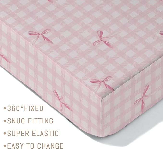 Watercolor Pink Bows Checkered Baby Crib Sheets for Girls Pastel Pink Bows Ribbon Plaid Soft Snug Fitted Crib Mattress Covers for 52''x28'' Standard Crib & Toddler Mattress Girly Valentine Bed Sheets