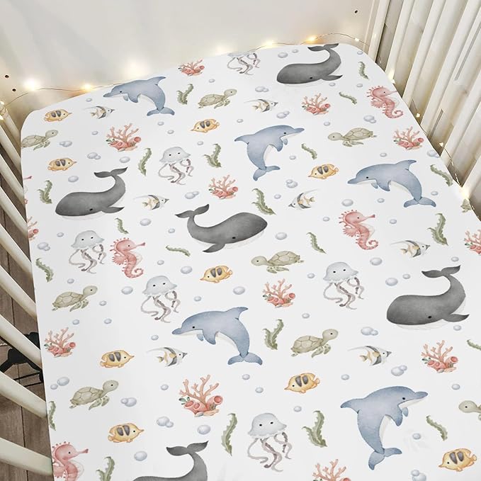 Watercolor Sea Animals Baby Crib Sheets for Boy Girl 28"x52" Whale Dolphin Turtle Jellyfish Coral Soft Snug Fitted Crib Mattress Cover Ocean Marine Baby Sheet for Standard Crib & Toddler Bed Mattress