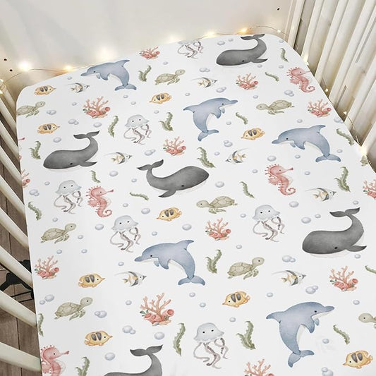 Watercolor Sea Animals Baby Crib Sheets for Boy Girl 28"x52" Whale Dolphin Turtle Jellyfish Coral Soft Snug Fitted Crib Mattress Cover Ocean Marine Baby Sheet for Standard Crib & Toddler Bed Mattress