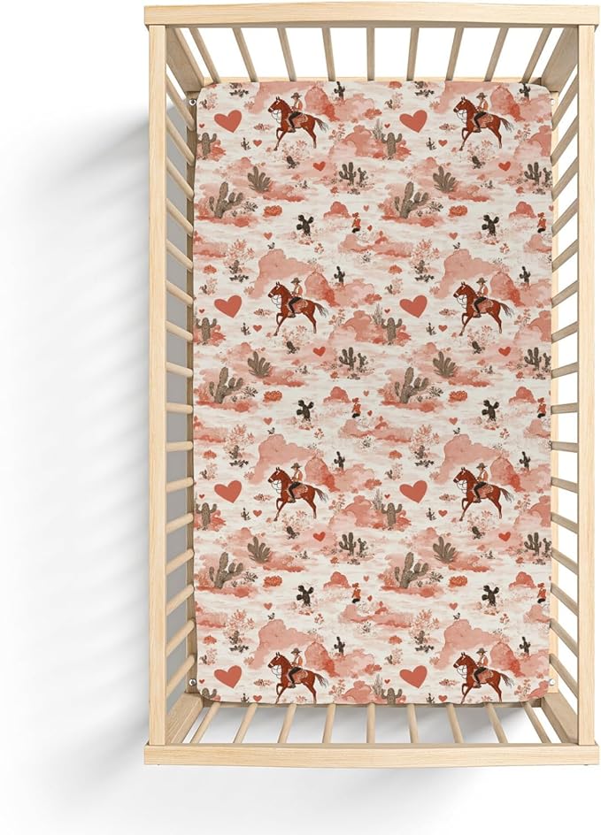 Retro Cowgirl Horse Cactus Love Baby Crib Sheets for Boy Girl 52x28Inch Western Cowgirl Hearts Soft Stretchy Fitted Crib Mattress Cover Wild Desert Baby Sheet for Standard Crib and Toddler Mattress