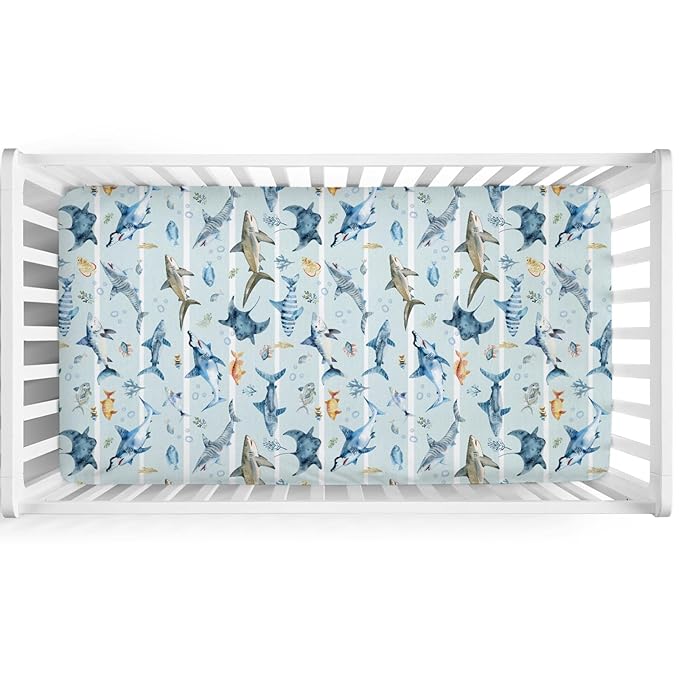 Blue Sharks Baby Crib Sheets 52''x28'' Sea Animals Sharks Stripes Snug Fitted Crib Mattress Cover for Boy Girl Ocean Fishes Corals Nautical Life Baby Bed Sheet for Standard Crib and Toddler Mattress