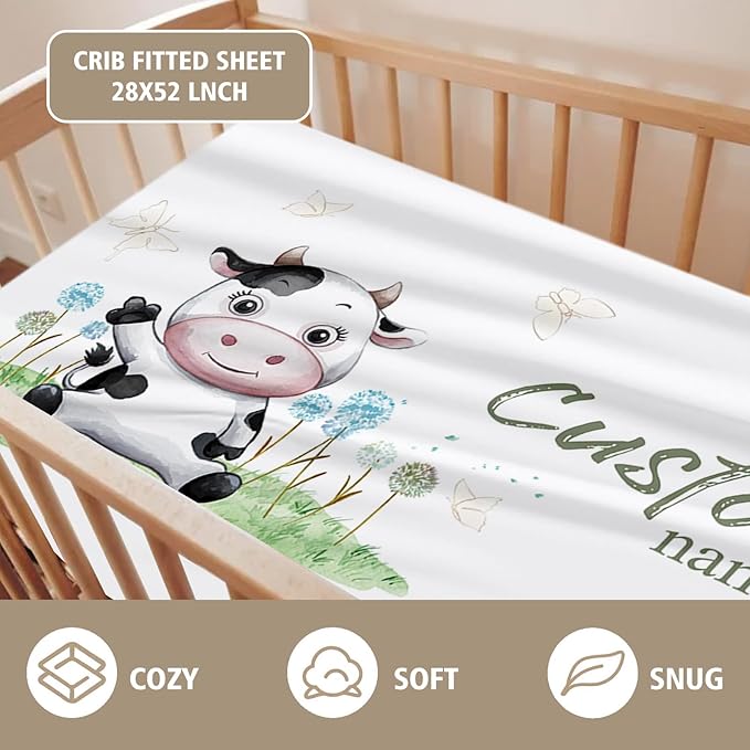 Custom Name Crib Bedding Set 3-Piece – Cows Design Baby Bedding Set with Personalized Soft Blanket, Fitted Sheet, Changing Pad Cover – Ideal Newborn Gift for Boys and Girls