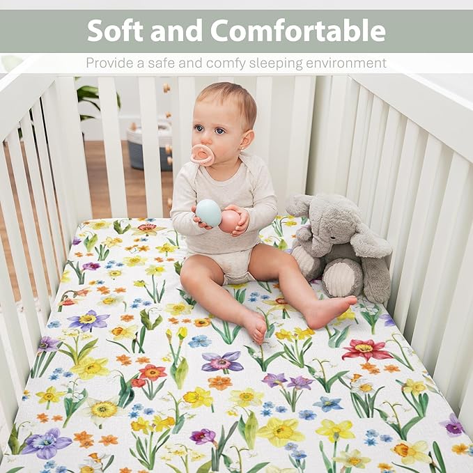 Watercolor Daffodils Flowers Baby Crib Sheets for Boy Girl 28"x52" Colorful Spring Bloom Soft Stretchy Fitted Crib Mattress Covers Garden Floral Summer Baby Sheet for Crib and Toddler Bed Mattresses