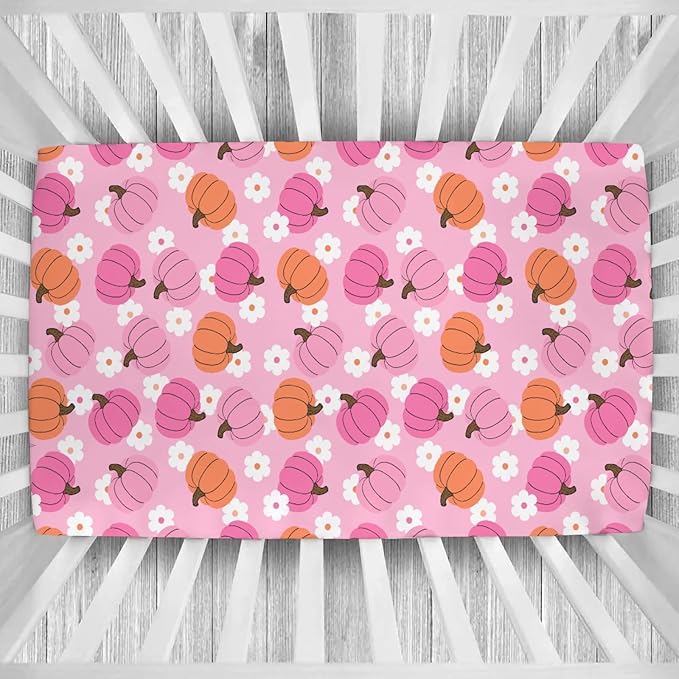Autumn Pumpkin Boho Floral Baby Crib Sheets Fall Pumpkin Flowers Fitted Crib Mattress Cover Autumn Thanksgiving Harvest Toddler Baby Sheet for Standard Crib 28x52in