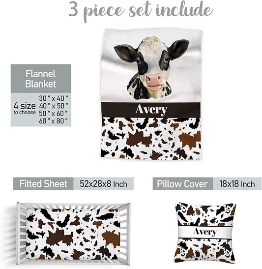 Custom Farm Cow Nursery Bedding Set – Personalized Name 3-Piece Crib Set for Baby Boys, Soft Blanket, Fitted Sheet & Pillowcase – Shower Gift for Baby & Nursery Decor