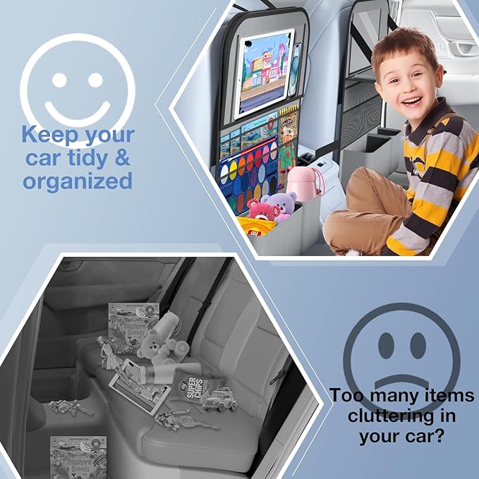 Oneyus 2PACK-Car Backseat Organizer with Touch Screen Tablet Holder,9 Storage Pockets Storage Organizer with Foldable Food Tray, Protector Kick Mats for Kids, Travel Accessories Organizer (Grey)