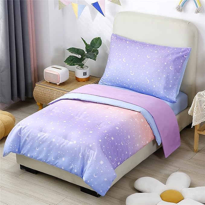 URBONUR 4 Piece Toddler Bedding Set for Girls Glitter Purple Orange Toddler Bedding Set Gradient Stars Print Girls Bedding Toddler Comforter Set