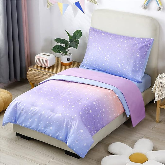 URBONUR 4 Piece Toddler Bedding Set for Girls Glitter Purple Orange Toddler Bedding Set Gradient Stars Print Girls Bedding Toddler Comforter Set