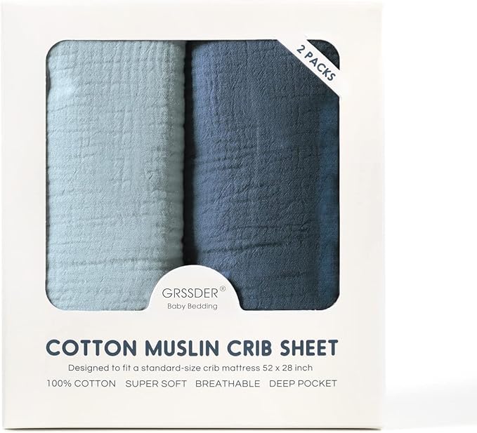 GRSSDER Soft Muslin Crib Sheet 2 Pack, 100% Cotton Crib Sheets for Boys and Girls, Fit Standard Crib Mattresses 52" x 28" Safe and Snug, Dark Blue/Blue